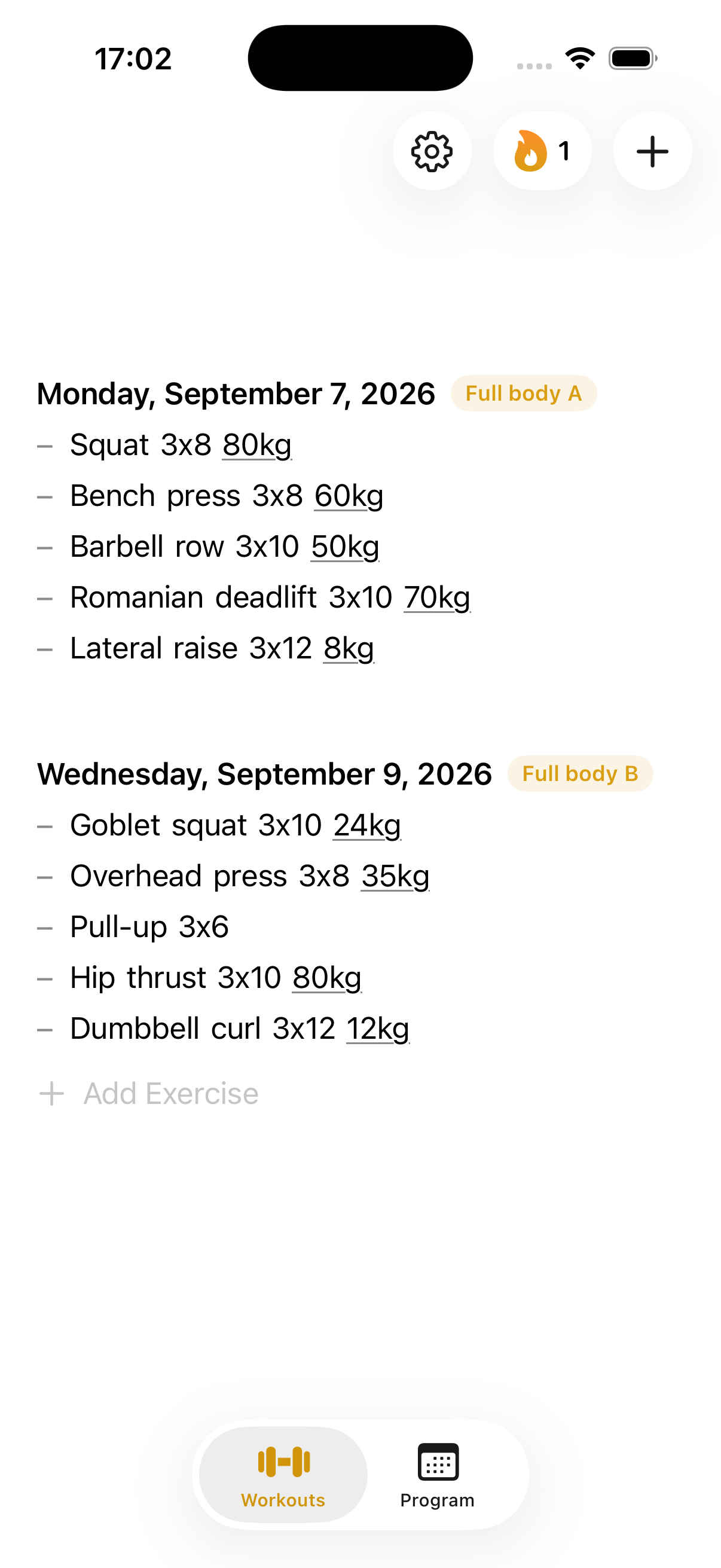 Aperçu du carnet Log sur iPhone, avec des exercices, des charges et des répétitions.